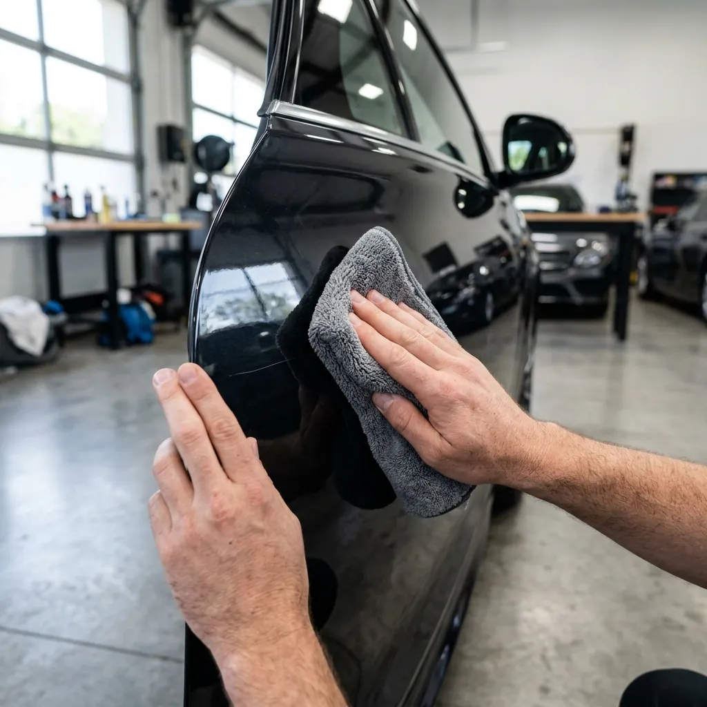 Hand Buffing Vehicle Clearcoat Door Panel with PolishNano Cloth
