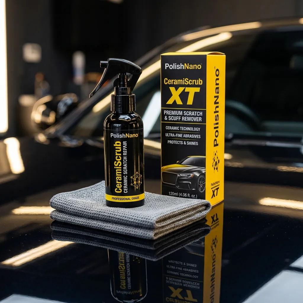 PolishNano CeramiScrub XT Bottle, Yellow Box, and Microfiber Cloth